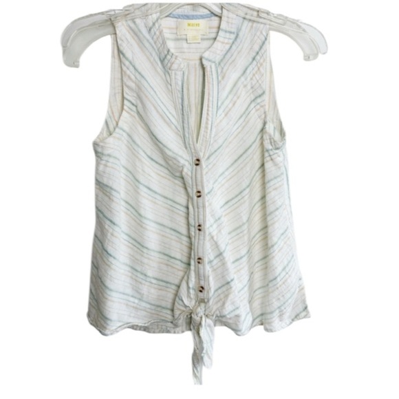 Anthropologie Maeve Blue Stripe Button/Tie Front Sleeveless Top Sz 0/XS Beachy - Picture 2 of 12